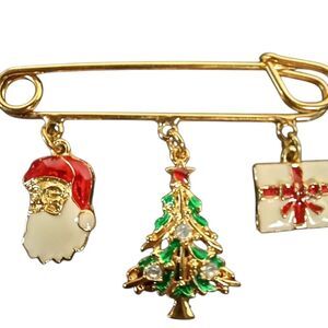 Vintage AVON gold-tone Christmas Safety Pin Charm Brooch